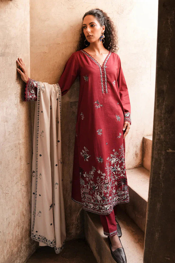 IMAGE - 3PC DHANAK EMBROIDERED SHIRT WITH DHANAK EMBROIDERED SHAWL AND TROUSER - HZG2548