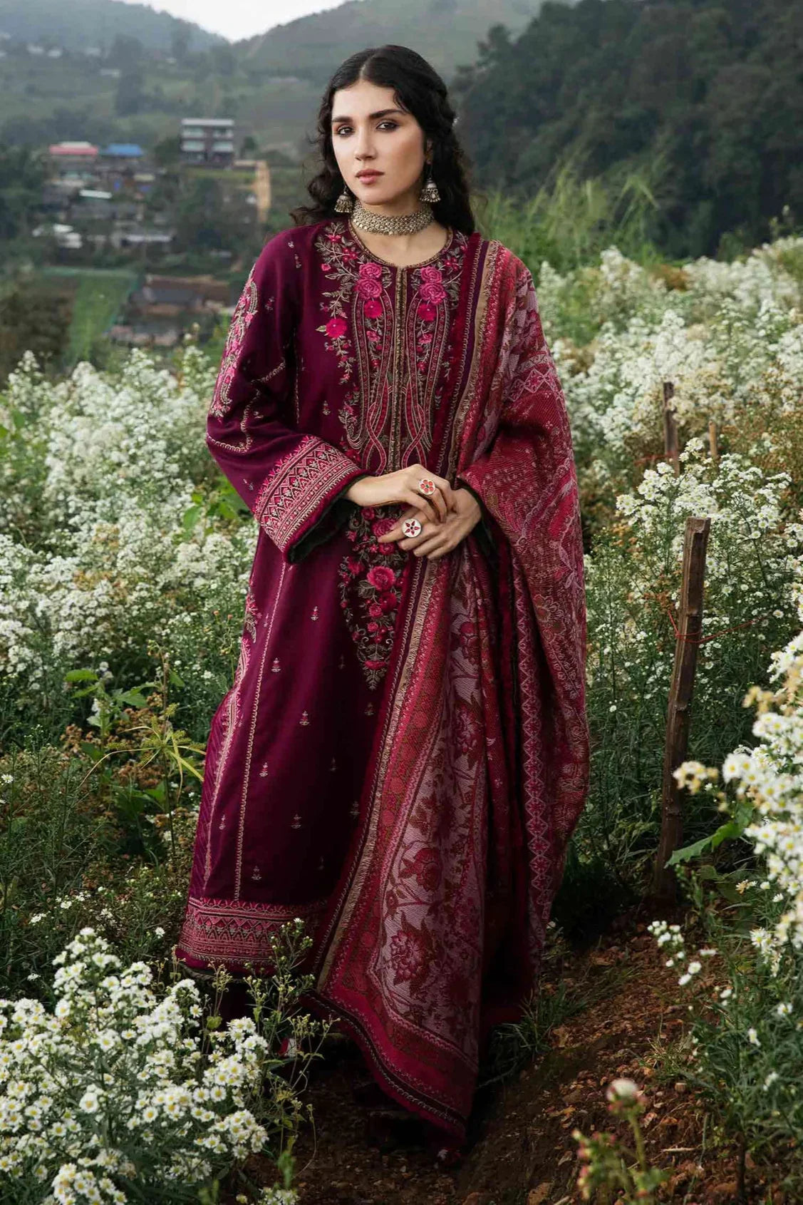 FLORENT - 3PC DHANAK EMBROIDERED SHIRT WITH TWILL PRINTED SHAWL AND TROUSER - HZG2324