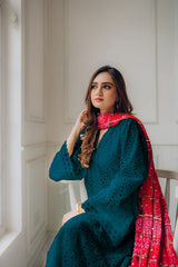 MARIA B - 3PC LAWN CHIKANKAARI EMBROIDERED SHIRT WITH CHUNRI PRINTED DUPATTA AND TROUSER - HZG2194