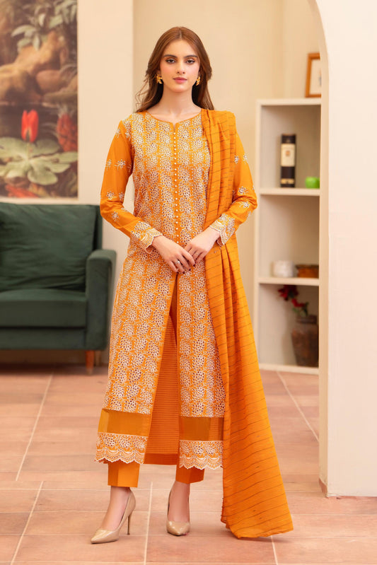 MIRAKHI - 3PC LAWN CHIKANKAARI EMBROIDERED SHIRT WITH LAWN TUBE SLUB DUPATTA AND TROUSER - HZG2261