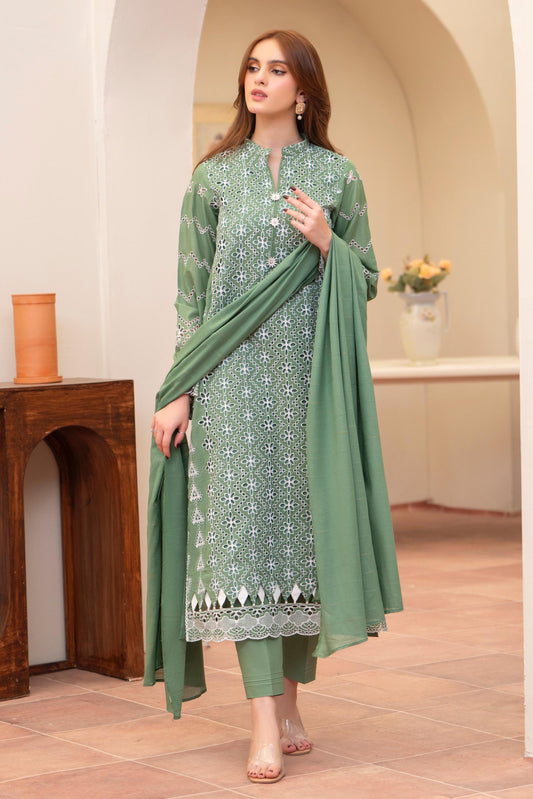 MIRAKHI - 3PC LAWN CHIKANKAARI EMBROIDERED SHIRT WITH LAWN TUBE SLUB DUPATTA AND TROUSER - HZG2260