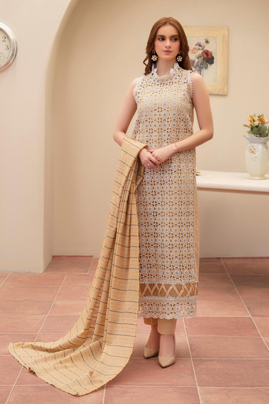 MIRAKHI - 3PC LAWN CHIKANKAARI EMBROIDERED SHIRT WITH LAWN TUBE SLUB DUPATTA AND TROUSER - HZG2257