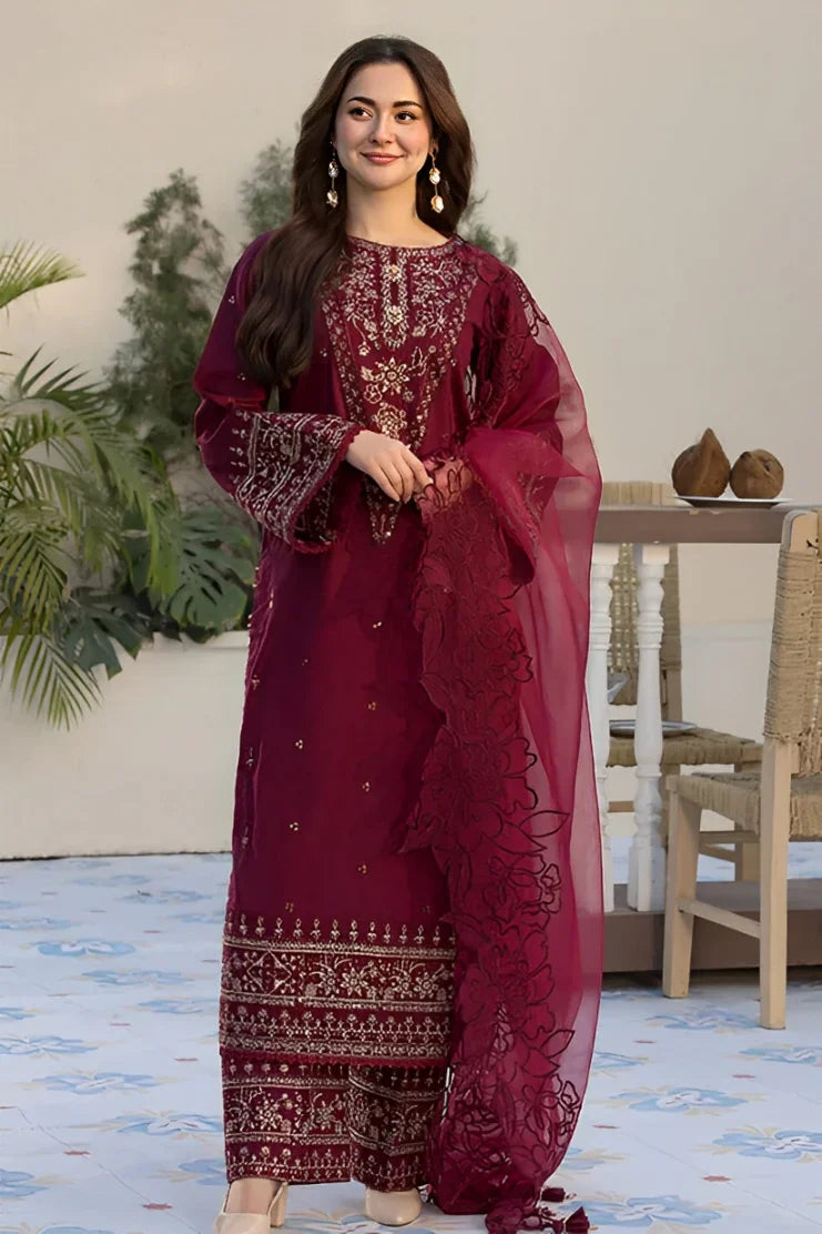 QALAMQAR - 3PC DHANAK SEQUIN EMBROIDERED SHIRT WITH ORGANZA EMBROIDERED DUPATTA  AND TROUSER - HZG2209