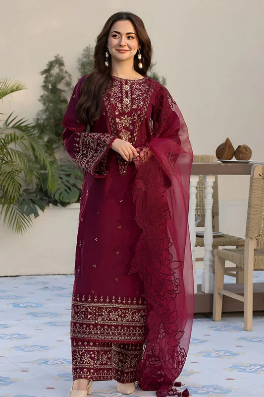 QALAMQAR - 3PC DHANAK SEQUIN EMBROIDERED SHIRT WITH ORGANZA EMBROIDERED DUPATTA  AND TROUSER - HZG2209