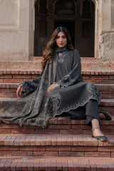 IZEL - 3PC DHANAK EMBROIDERED SHIRT WITH TWILL PRINTED SHAWL AND TROUSER - HZU2582