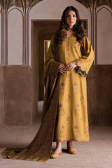 IZEL - 3PC DHANAK EMBROIDERED SHIRT WITH TWILL PRINTED SHAWL AND TROUSER - HZU2580