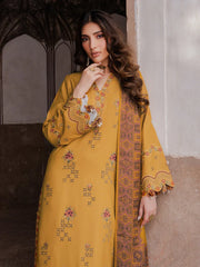 IZEL - 3PC DHANAK EMBROIDERED SHIRT WITH TWILL PRINTED SHAWL AND TROUSER - HZU2580