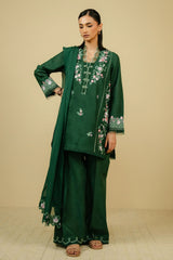ZARA SHAHJAHAN - 3PC DHANAK EMBROIDERED SHIRT WITH CHIFFON EMBROIDERED DUPPATA AND TROUSER - HZG1824