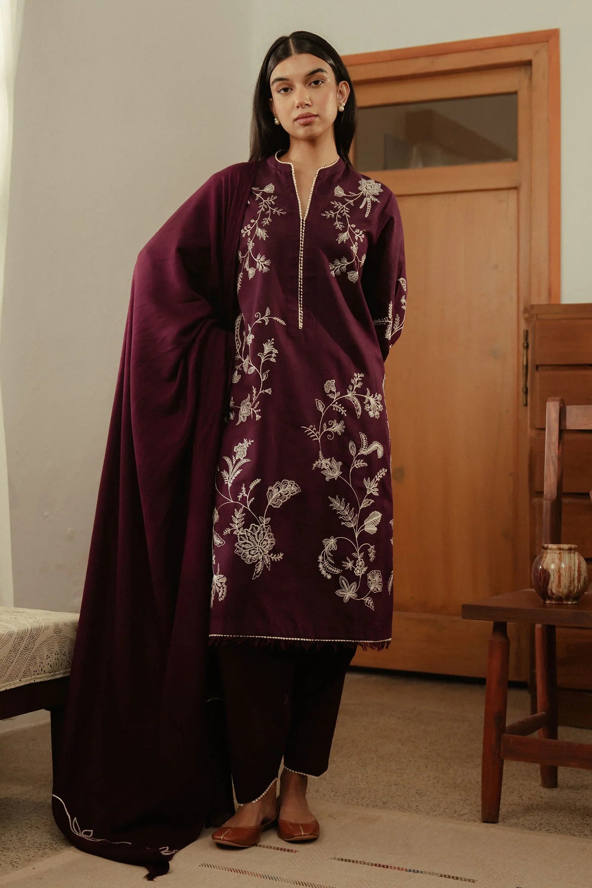 ZARA SHAH JAHAN - 3PC DHANAK EMBROIDERED SHIRT WITH DHANAK EMBROIDERED SHAWL AND TROUSER - HZG2446