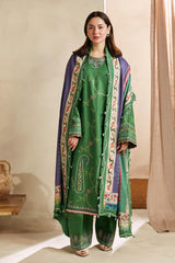 ZARA SHAH JAHAN - 3PC DHANAK EMBROIDERED SHIRT WITH TWILL PRINTED SHAWL AND TROUSER - HZG1474