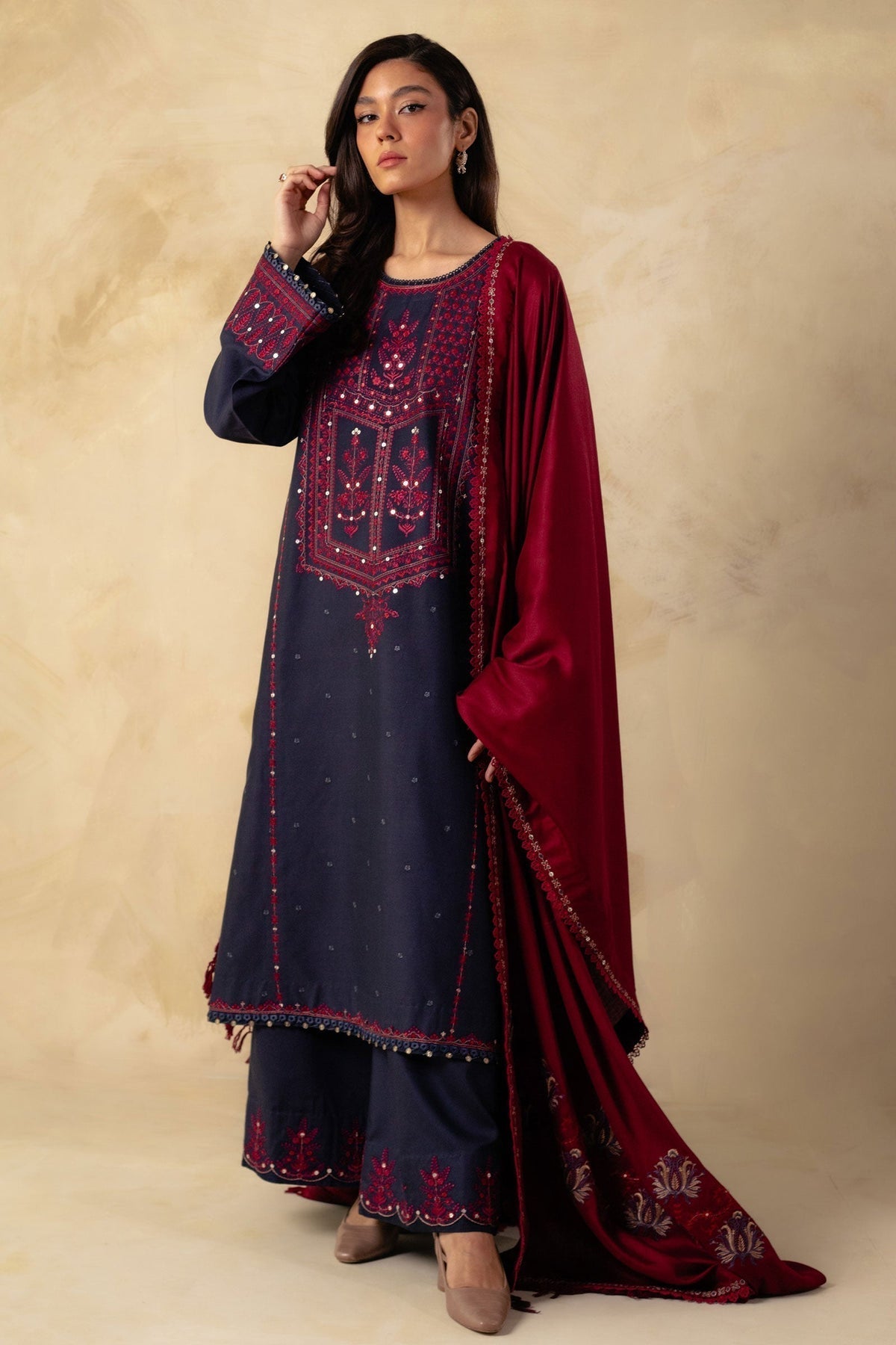 ZARA SHAH JAHAN - 3PC DHANAK EMBROIDERED SHIRT WITH DHANAK EMBROIDERED DUAPTTA AND TROUSER - HZG1396