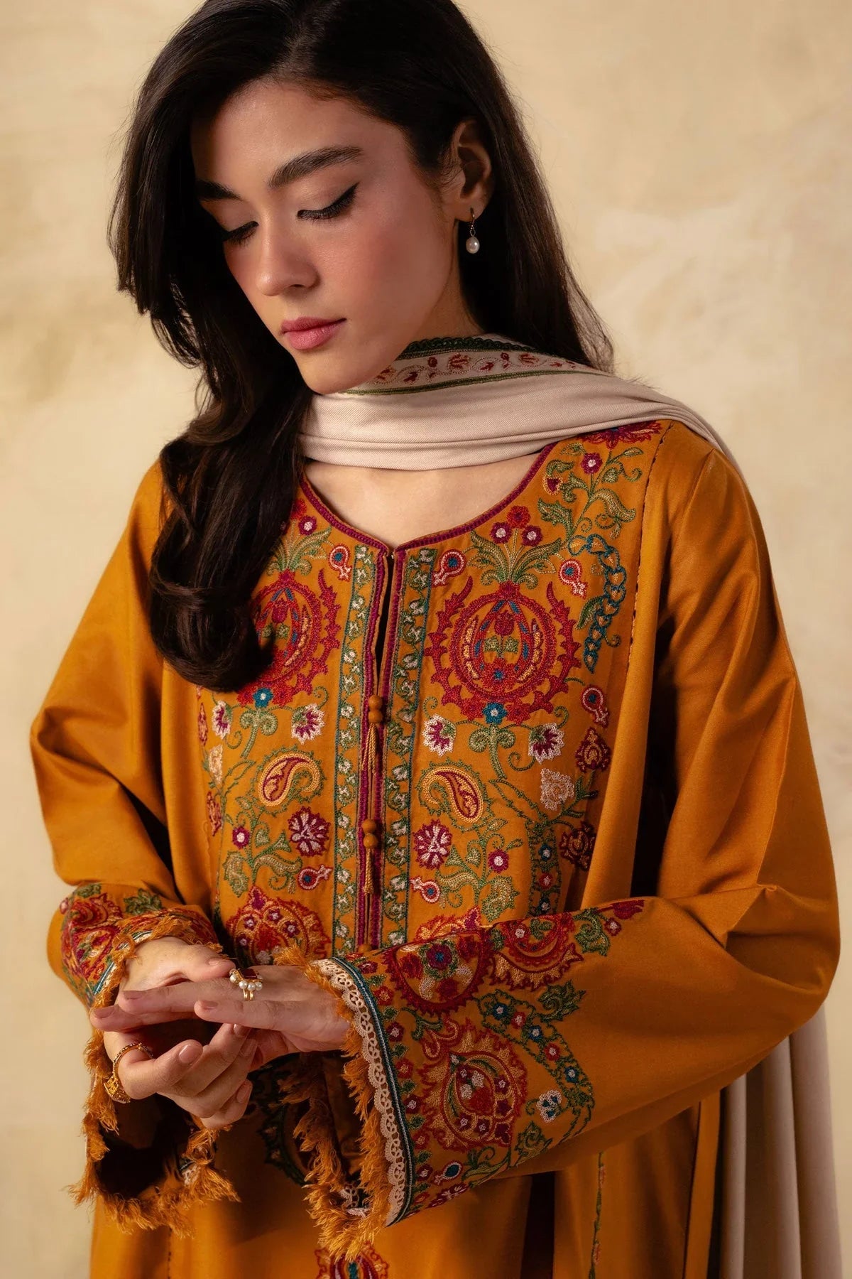ZARA SHAHJAHAN - 3PC DHANAK EMBROIDERED SHIRT WITH DHANAK EMBROIDERED SHAWL AND TROUSER - HZG1380
