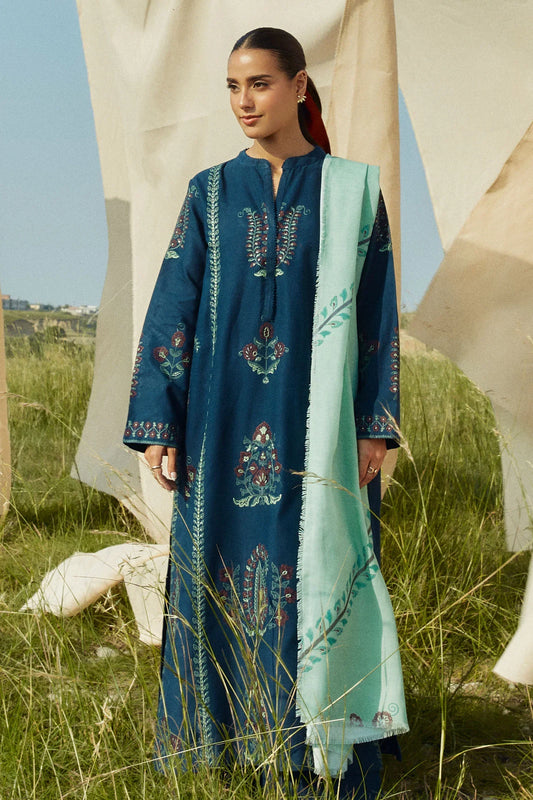 ZARA SHAHJAHAN - 3PC KHADDAR EMBROIDERED SHIRT WITH TWILL PRINTED SHAWL AND TROUSER - HZG1887