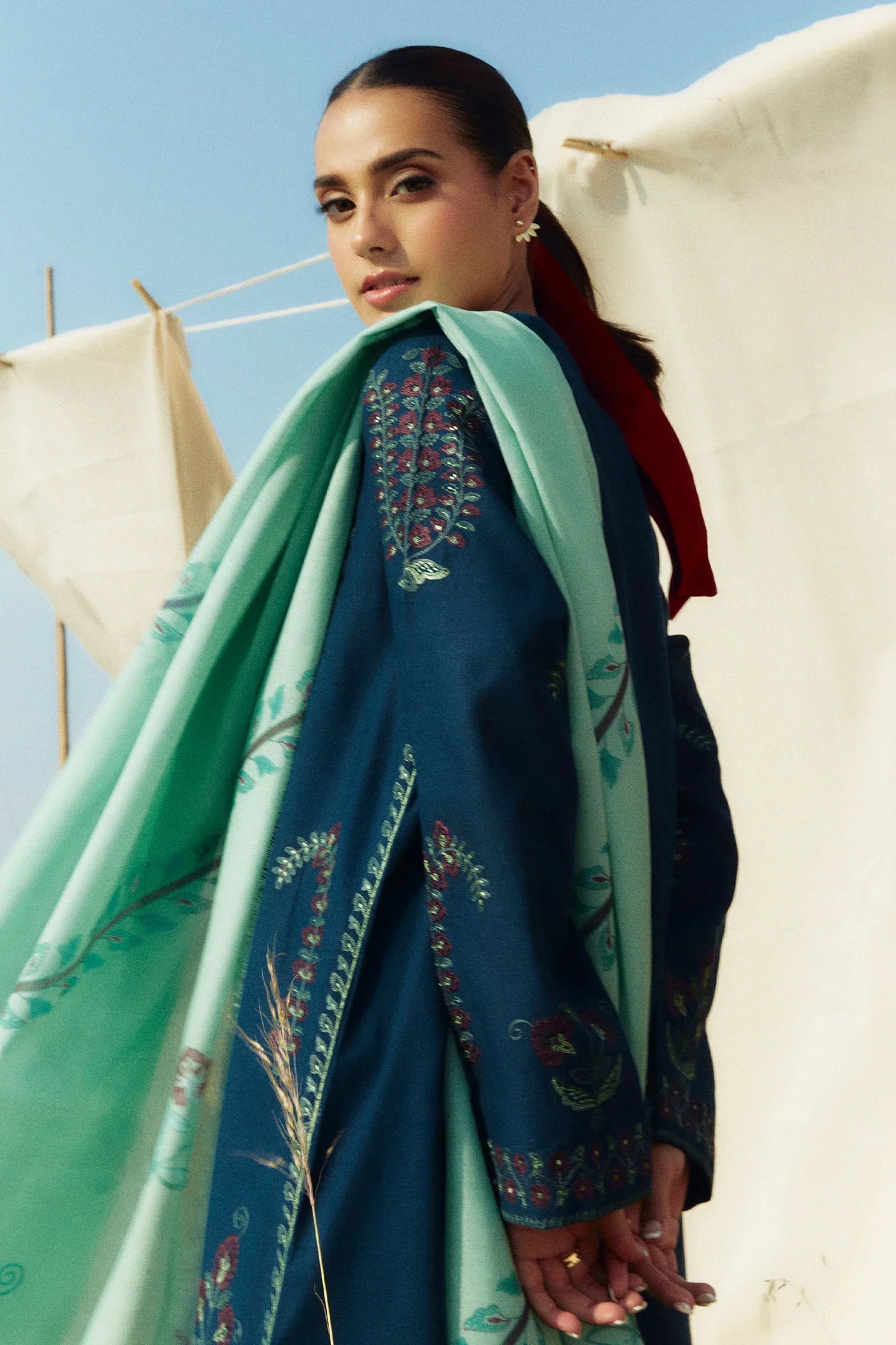 ZARA SHAHJAHAN - 3PC KHADDAR EMBROIDERED SHIRT WITH TWILL PRINTED SHAWL AND TROUSER - HZG1887