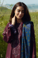 ZARA SHAHJAHAN - 3PC DHANAK EMBROIDERED SHIRT WITH TWILL PRINTED SHAWL AND TROUSER - HZG1904