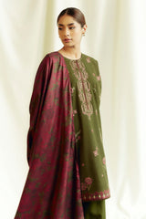 ZARA SHAHJAHAN - 3PC DHANAK EMBROIDERED SHIRT WITH TWILL PRINTED SHAWL AND TROUSER - HZG1903