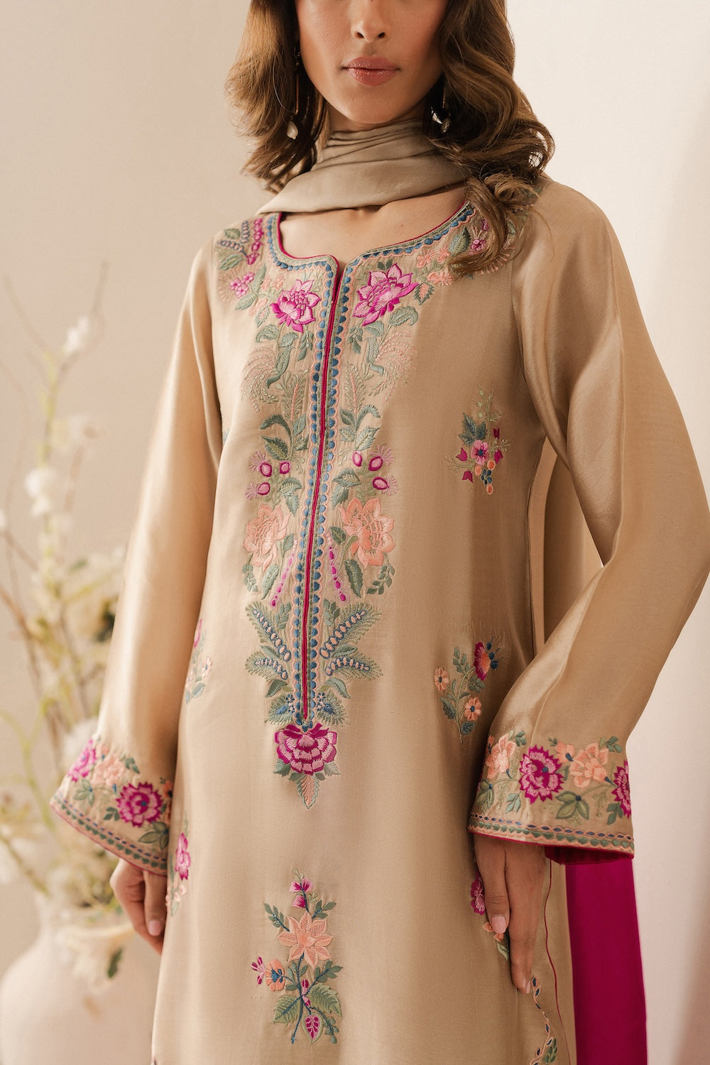 BATIK - 3PC DHANAK EMBROIDERED SHIRT WITH TYE & DYE CHIFFON DUPATTA AND TROUSER - HZG2109