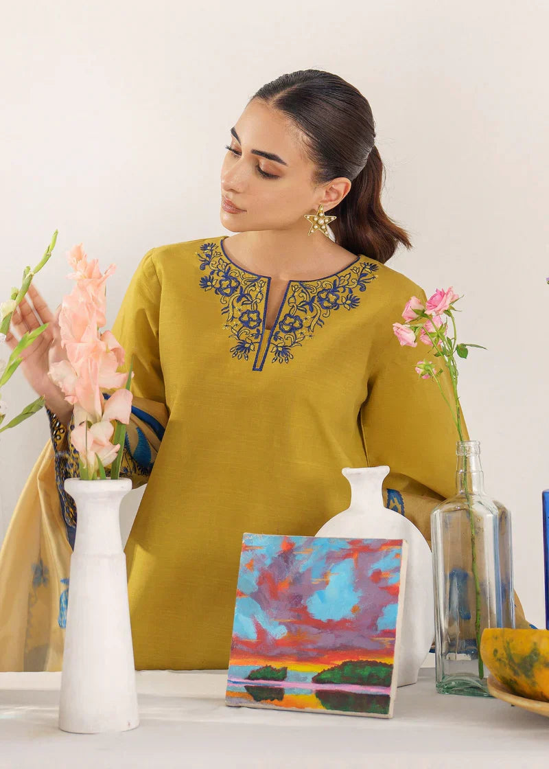 HANNA - 3PC KHADDAR EMBROIDERED SHIRT WITH TWILL PRINTED SHAWL AND TROUSER - HZG1784
