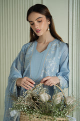 CROSS STITCH - 3PC DHANAK EMBROIDERED SHIRT WITH TWILL PRINTED SHAWL AND TROUSER - HZG2322