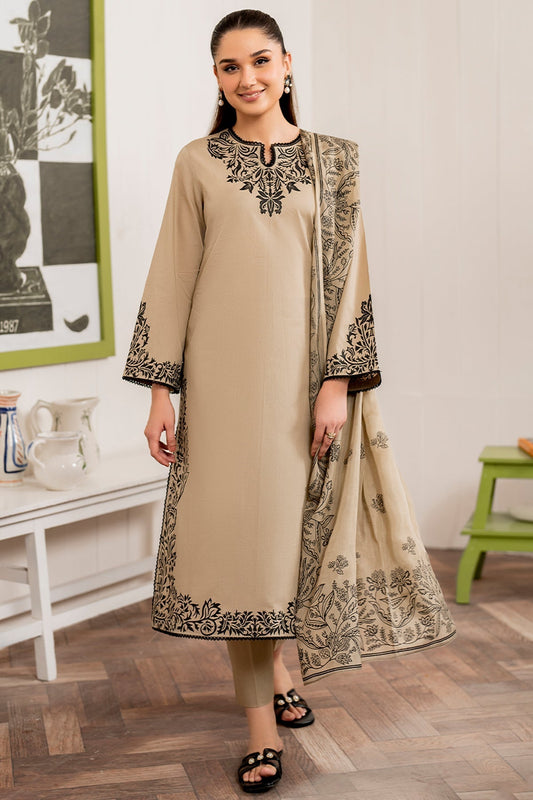 GARNET - 3PC DHANAK EMBROIDERED SHIRT WITH TWILL PRINTED SHAWL AND TROUSER - HZG1822
