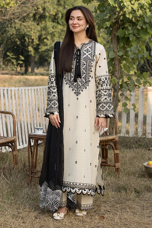 QALAMKAR - 3PC DHANAK EMBROIDERED SHIRT WITH CHIFFON EMBROIDERED DUPATTA AND TROUSER - HZG2333