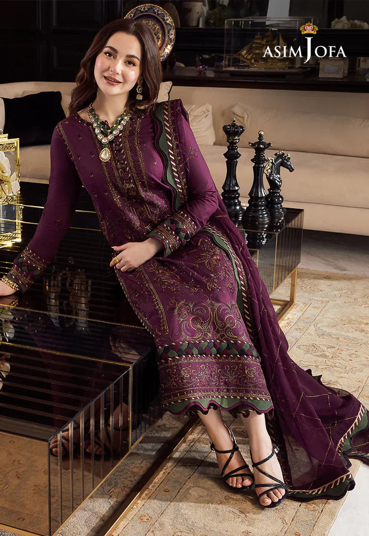 ASIM JOFA - 3PC DHANAK EMBROIDERED SHIRT WITH DHANAK EMBROIDERED DUPATTA AND TROUSER - HZU2426