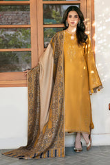 IZEL - 3PC DHANAK EMBROIDERED SHIRT WITH TWILL PRINTED SHAWL AND TROUSER - HZU2585