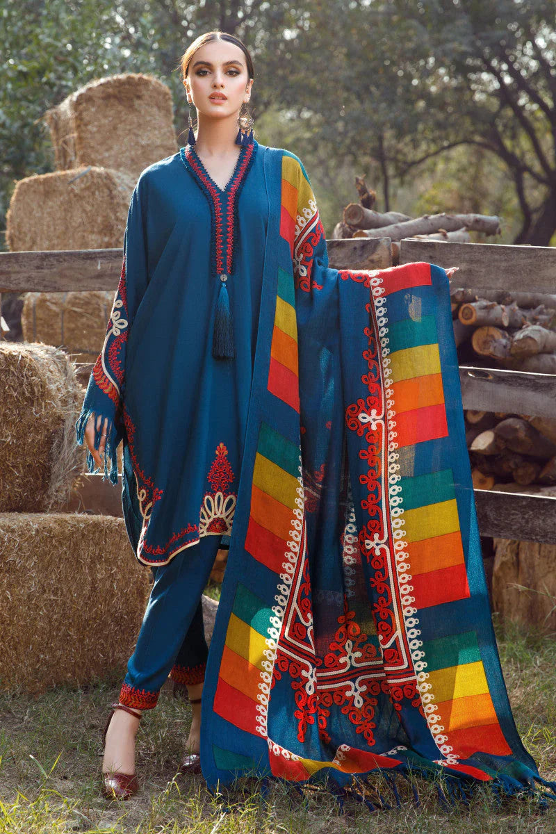 MARIA B - 3PC KHADDAR EMBROIDERED SHIRT WITH WOOL PRINTED SHAWL AND TROUSER - HZG1330