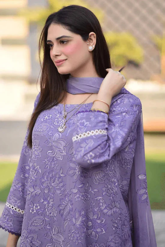 LIBAAS - 3PC DHANAK EMBROIDERED SHIRT WITH CHIFFON EMBROIDERED DUPATTA AND TROUSER - HZU2471