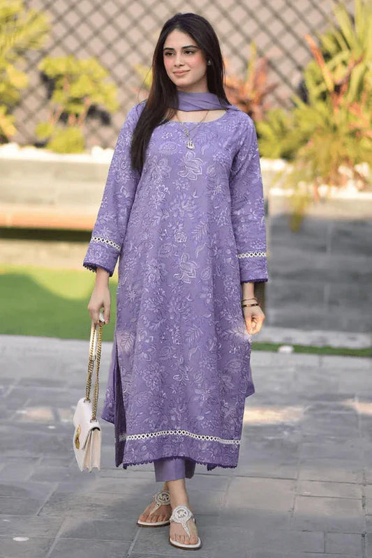 LIBAAS - 3PC DHANAK EMBROIDERED SHIRT WITH CHIFFON EMBROIDERED DUPATTA AND TROUSER - HZU2471