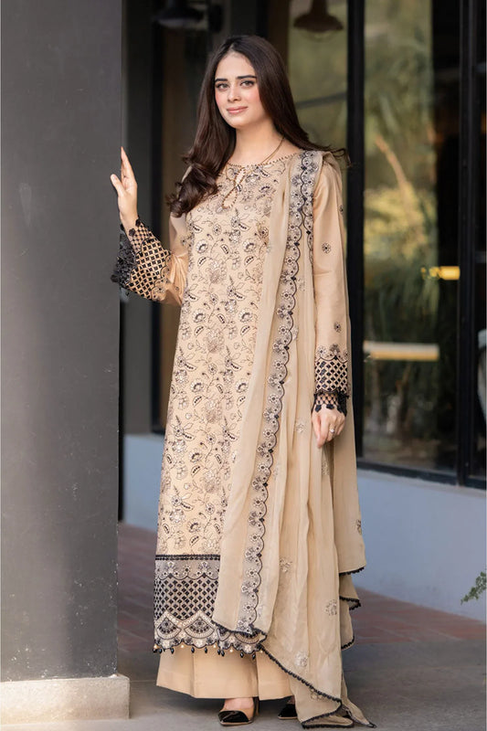 GARNET - 3PC DHANAK EMBROIDERED SHIRT WITH CHIFFON EMBROIDERED DUPATTA AND TROUSER - HZG2364