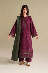 IZNIK - 3PC DHANAK EMBROIDERED SHIRT WITH DHANAK EMBROIDERED SHAWL AND TROUSER - HZG3113