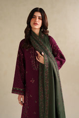 IZNIK - 3PC DHANAK EMBROIDERED SHIRT WITH DHANAK EMBROIDERED SHAWL AND TROUSER - HZG3113