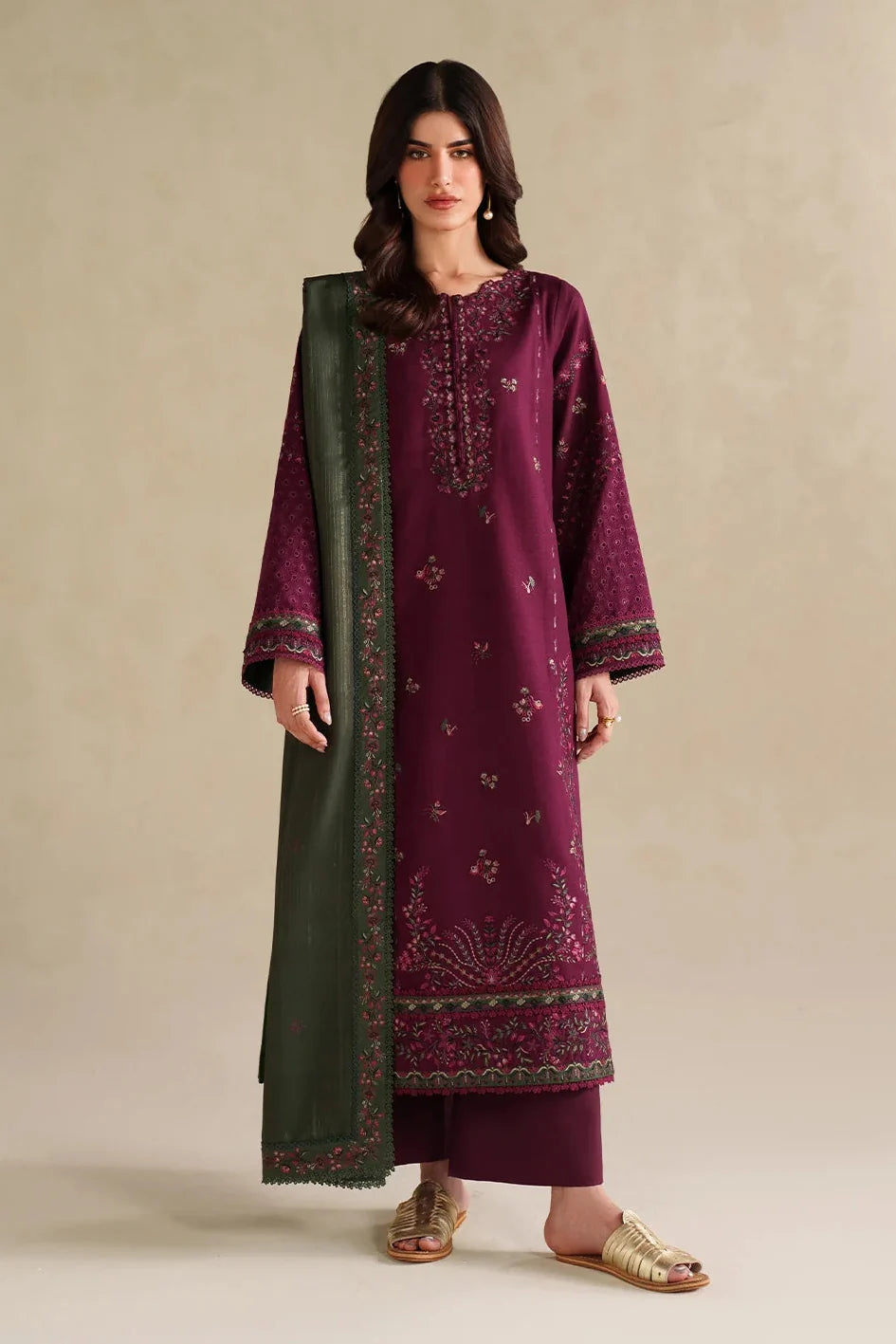 IZNIK - 3PC DHANAK EMBROIDERED SHIRT WITH DHANAK EMBROIDERED SHAWL AND TROUSER - HZG3113