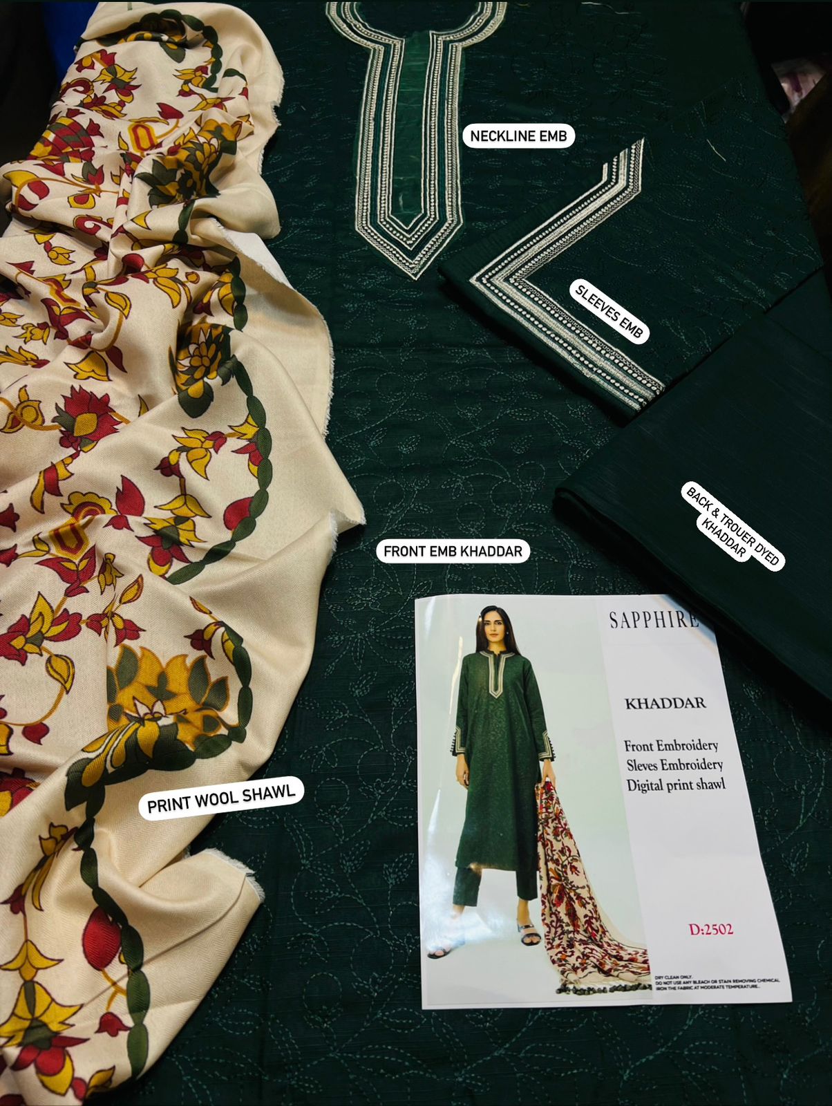 SAPPHIRE - 3PC KHADDAR EMBROIDERD SHIRT WITH KHADDAR TROUSER AND PRINTED WOOL SHAWL - HZG1356