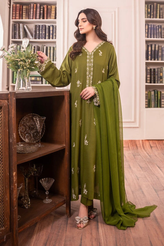 BATIK - 3PC DHANAK EMBROIDERED SHIRT WITH CHIFFON DUPATTA AND TROUSER - HZG2117