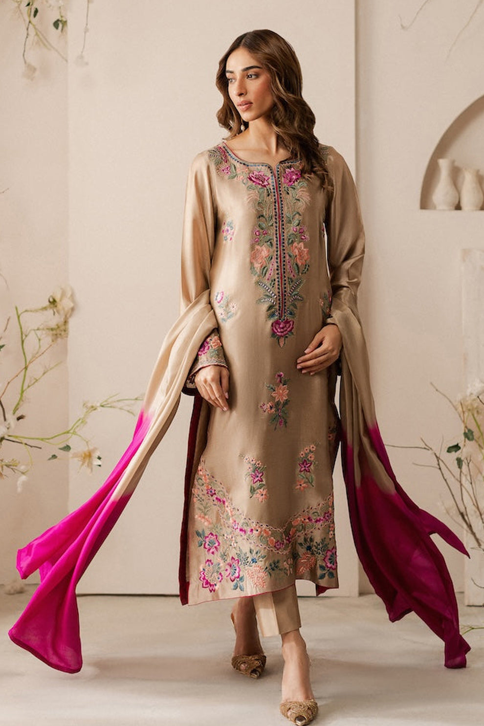 VINTAGE - 3PC LAWN EMBROIDERED SHIRT WITH TYE & DYE CHIFFON DUPATTA AND TROUSER - HZG2856