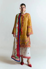 HUSSAIN REHAR - 3PC DHANAK EMBROIDERED SHIRT WITH TWILL PRINTED SHAWL AND TROUSER - HZG2382